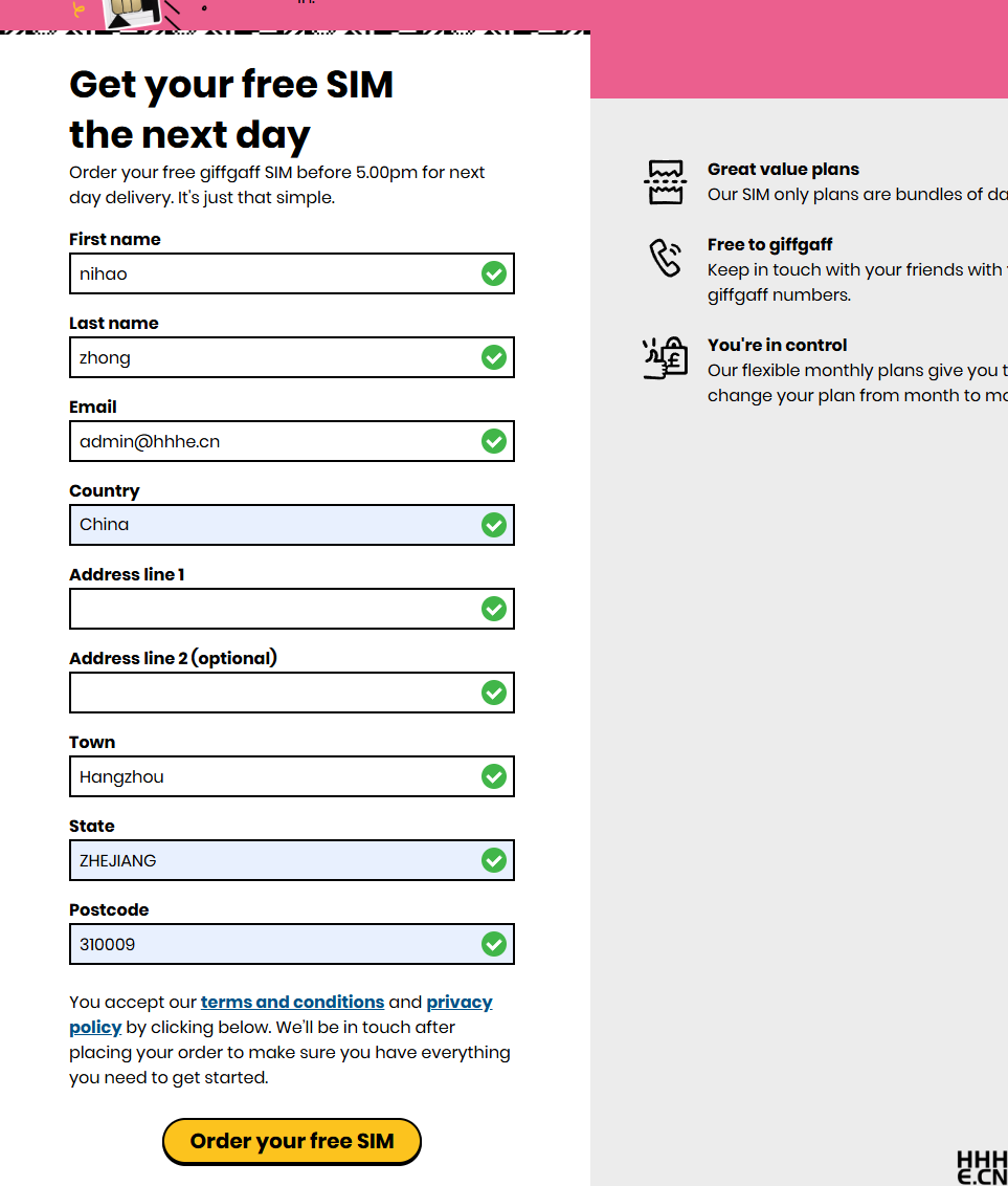 Giffgaff 申请页面 Giffgaff 申请页面