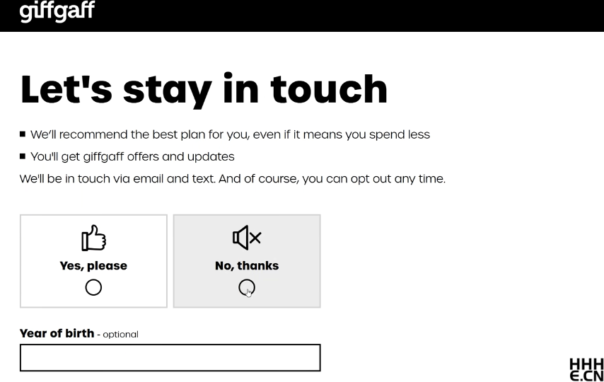 Giffgaff 实体卡选择是否邮件订阅 Giffgaff 实体卡选择是否邮件订阅